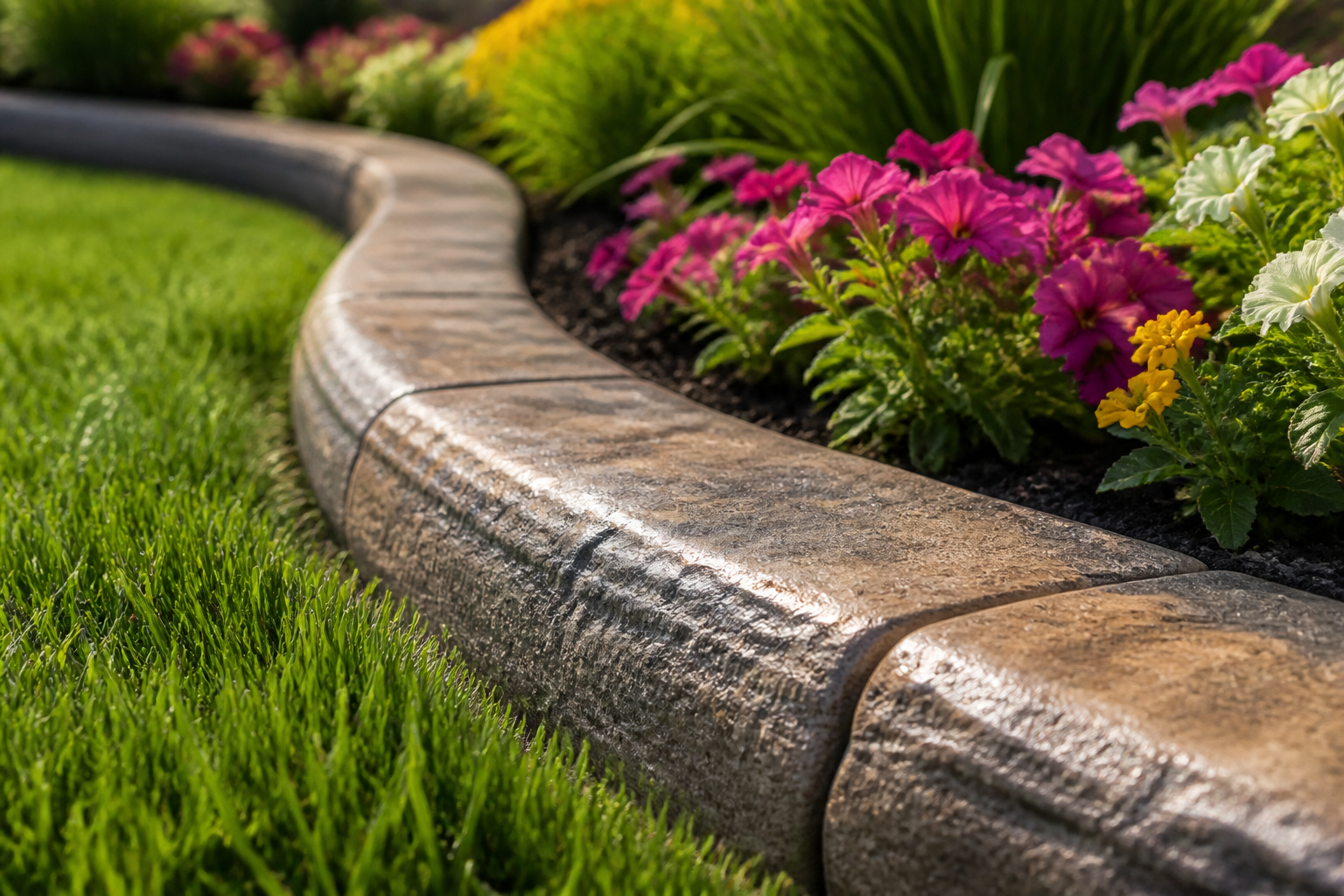 Close-up of stamped concrete curbing with stone-like texture